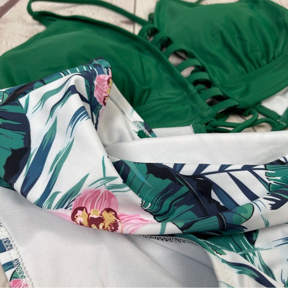 TEMPTME green floral lace up high waisted 2-piece swimsuit bikini NEW, size M - Picture 9 of 15